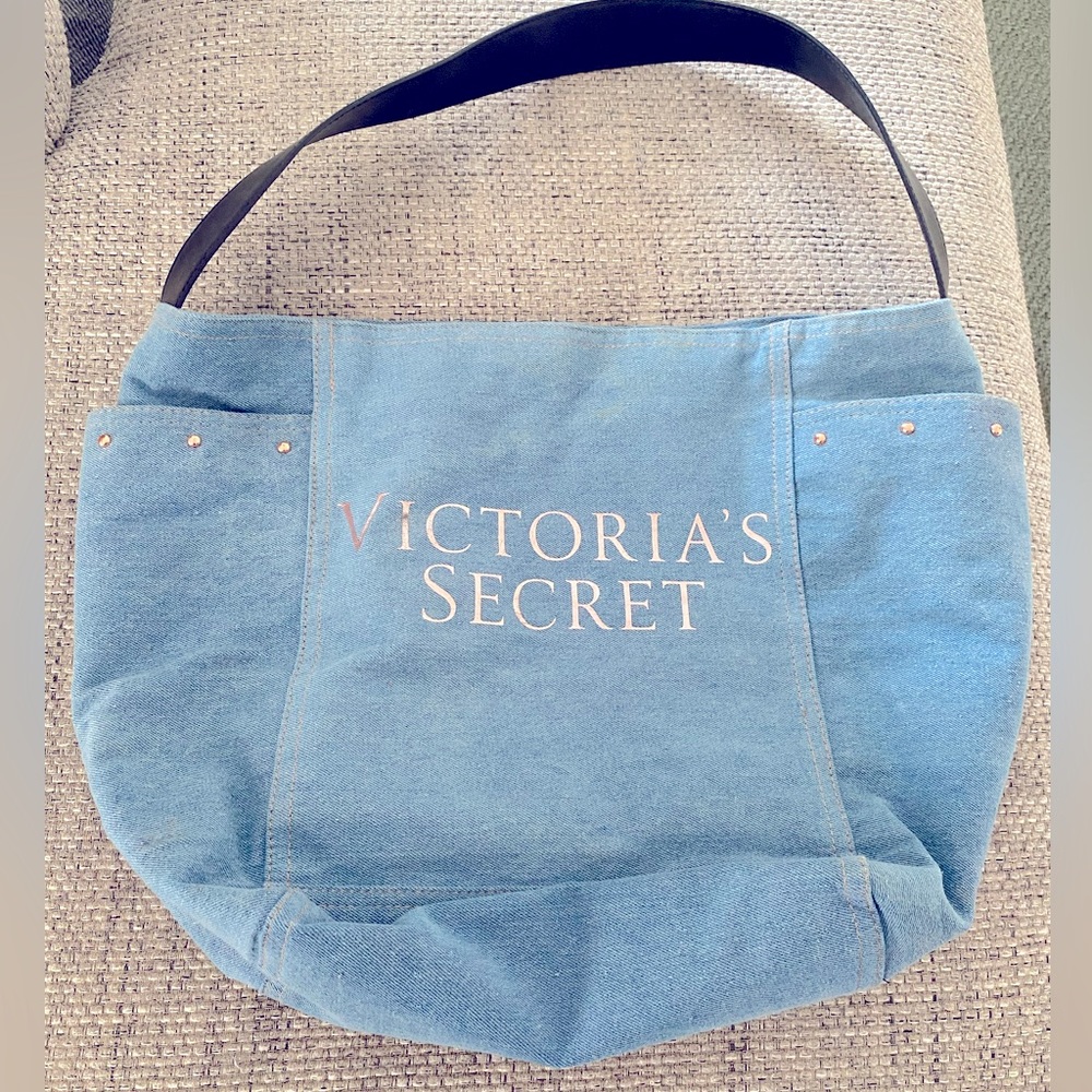 Victoria Secret Denim Tote Blue Jean Studded Shoulder Carry Shoppers Hand Bag